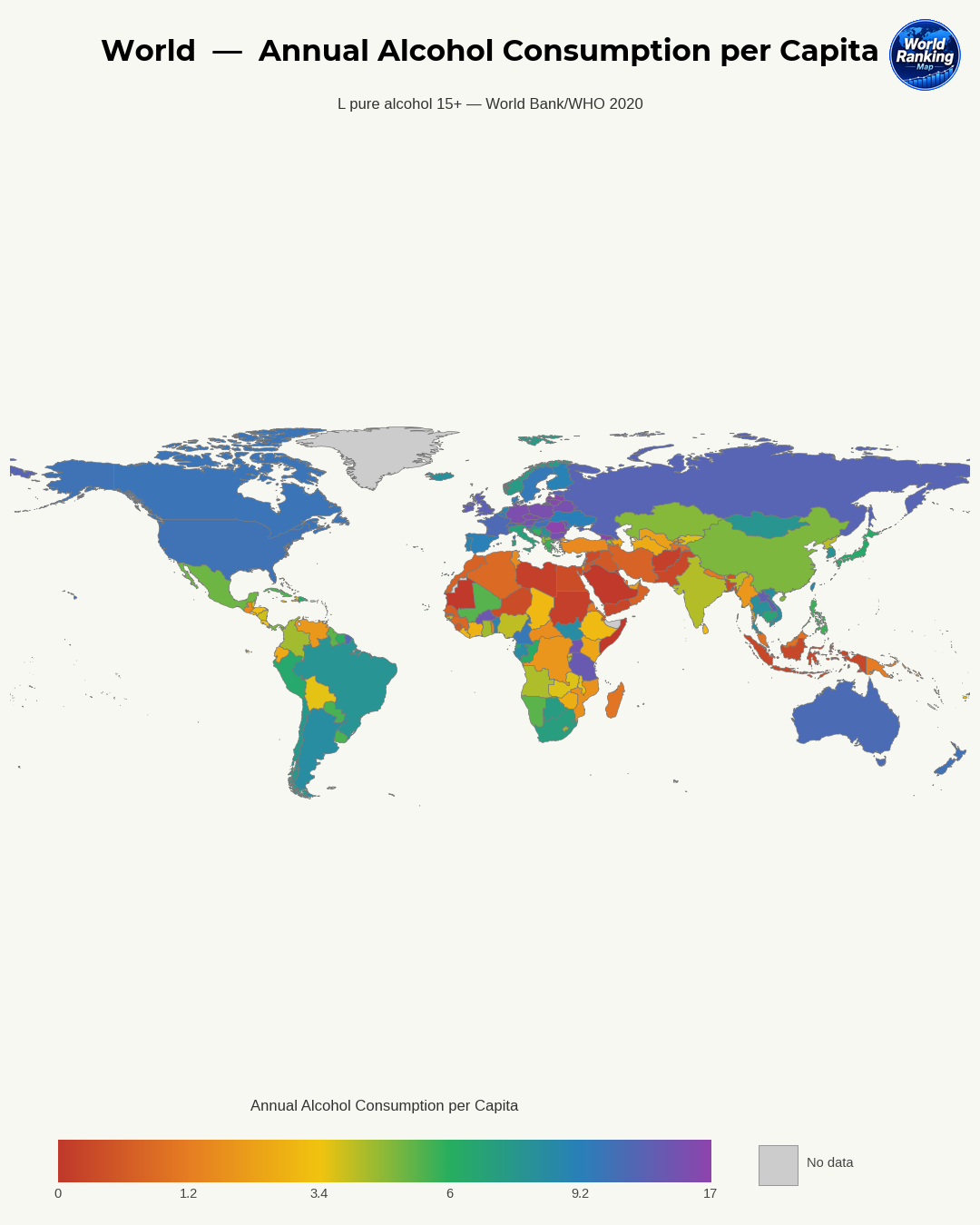 Consumo anual de alcohol per cápita world map