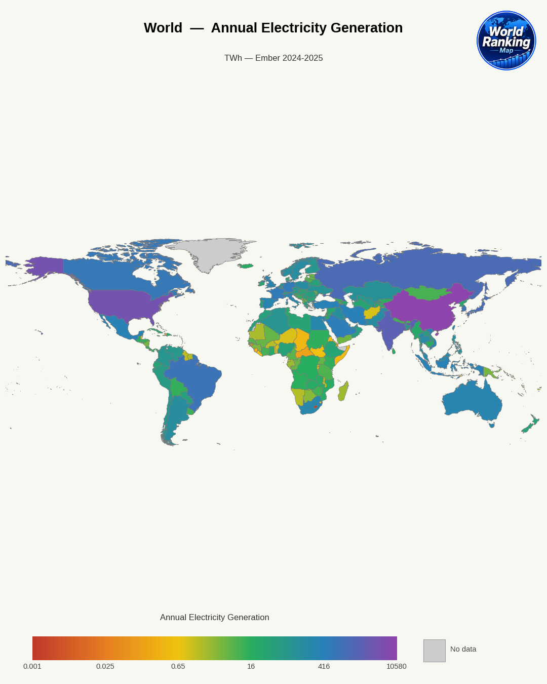Generación anual de electricidad world map