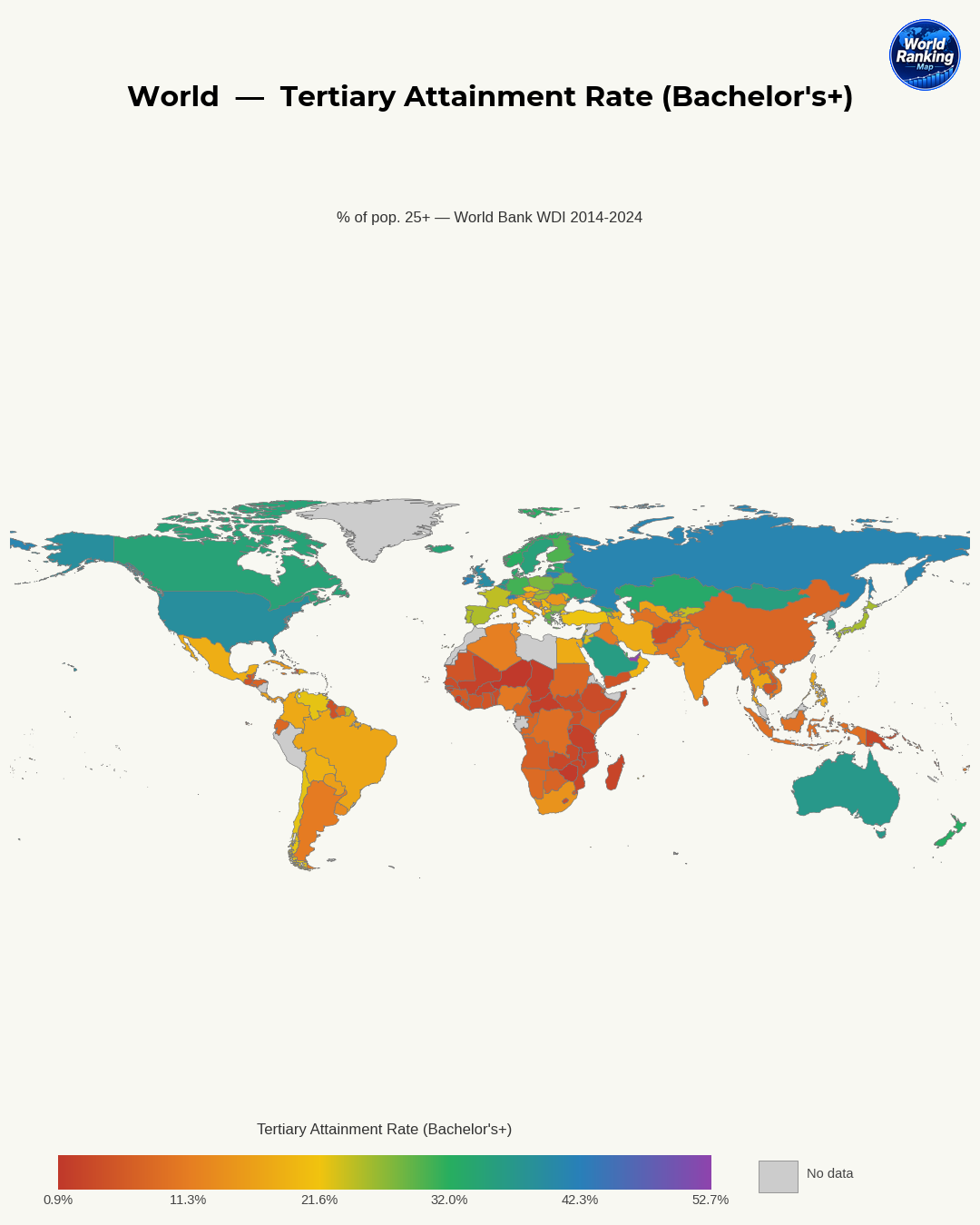 Tasa de logro en educación terciaria - Licenciatura o superior world map