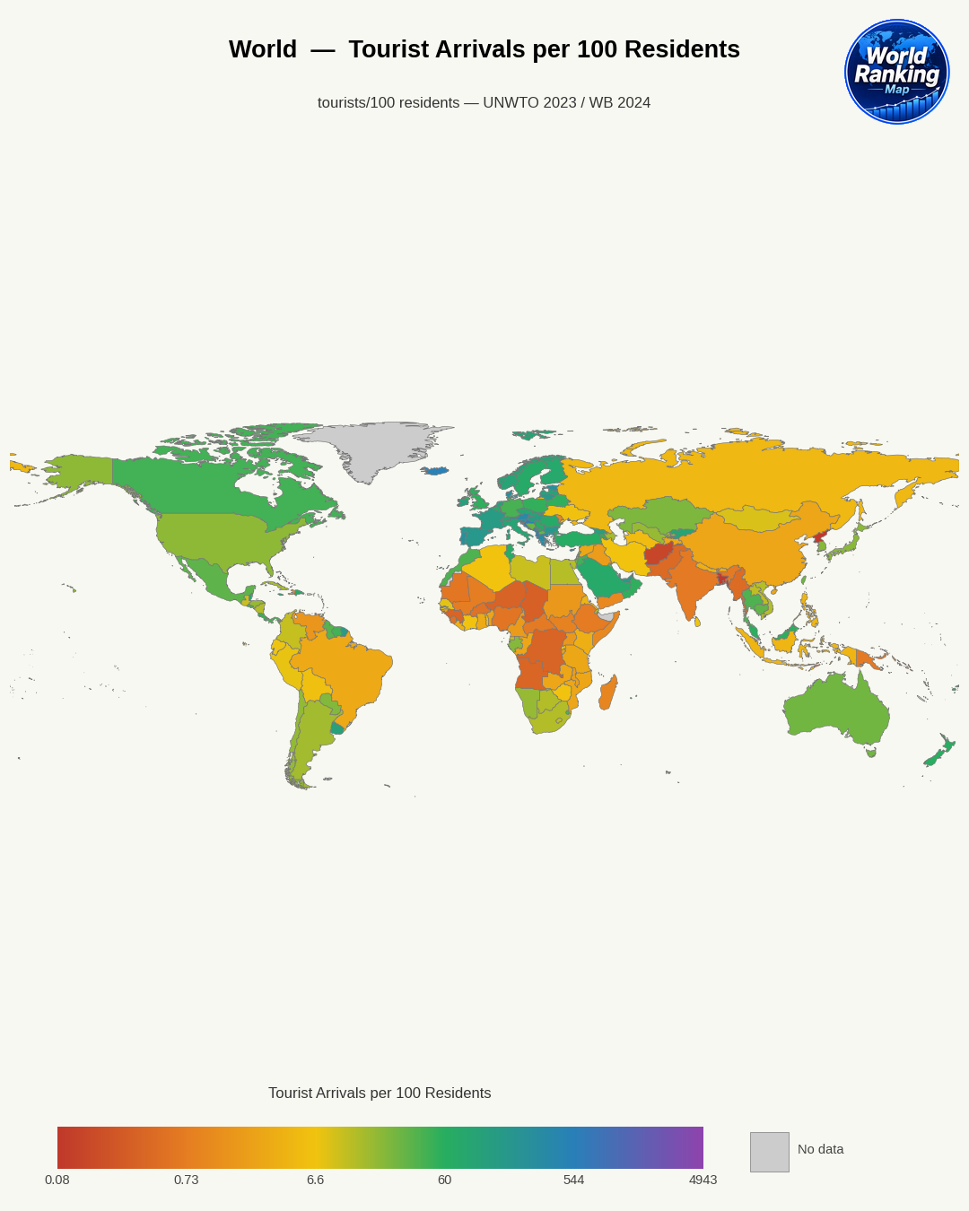 Llegadas de turistas por cada 100 residentes world map
