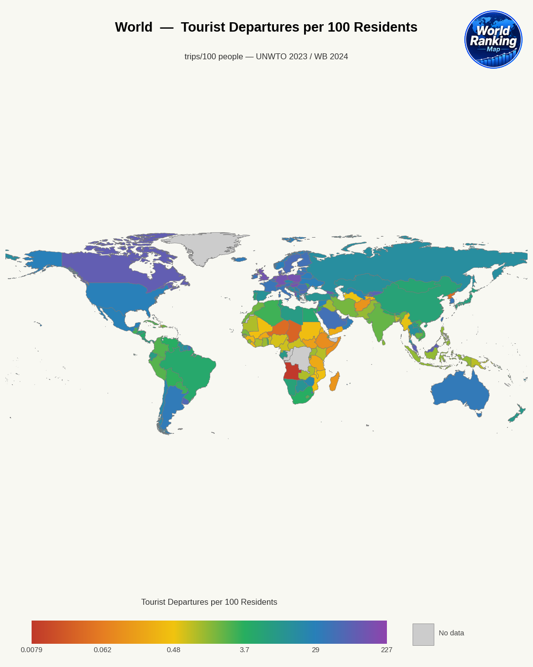 Salidas turísticas por cada 100 residentes world map
